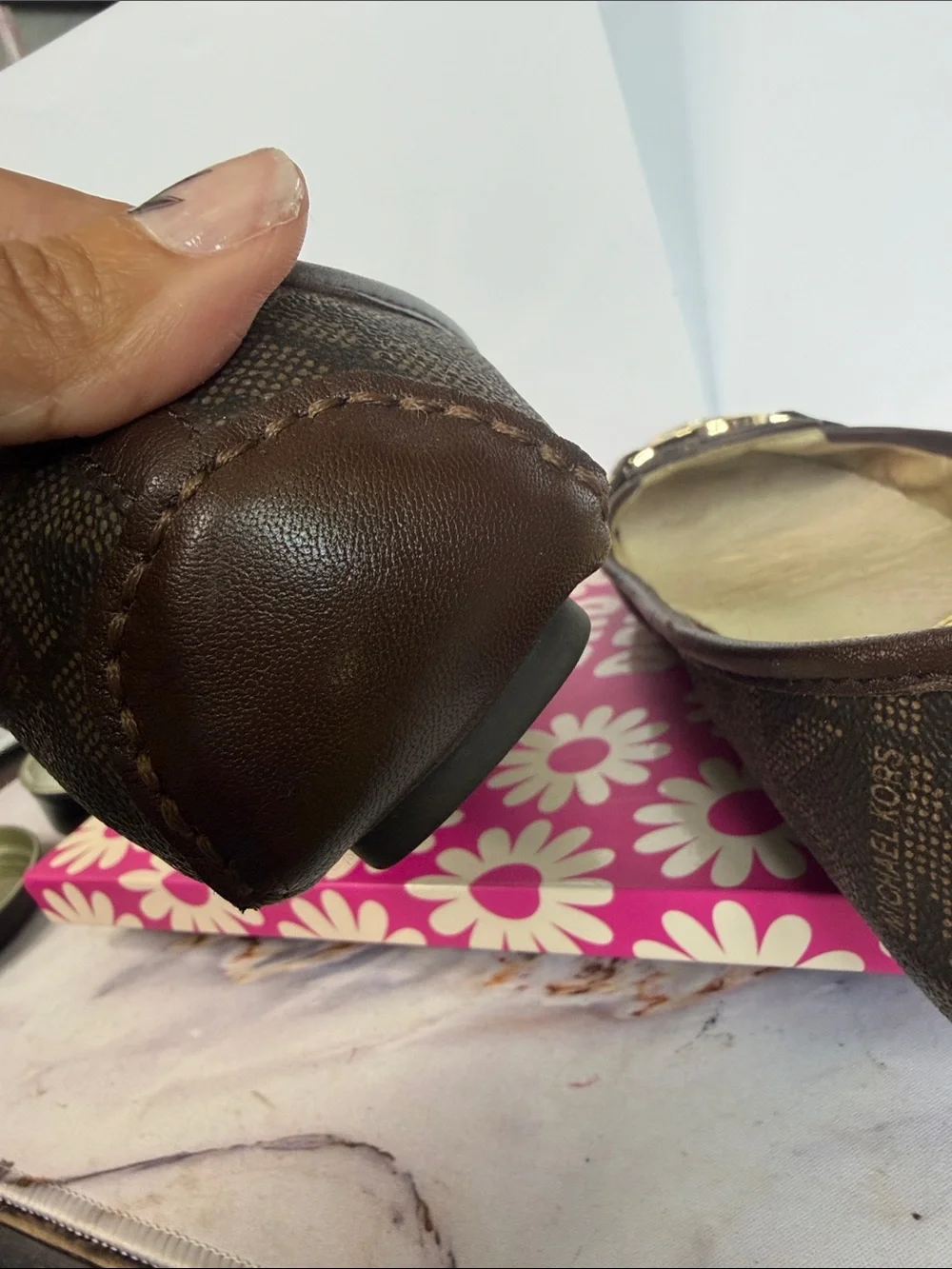 Michael‎ Kors Brown Logo-Print Ballet Flat with Gold MK Emblem